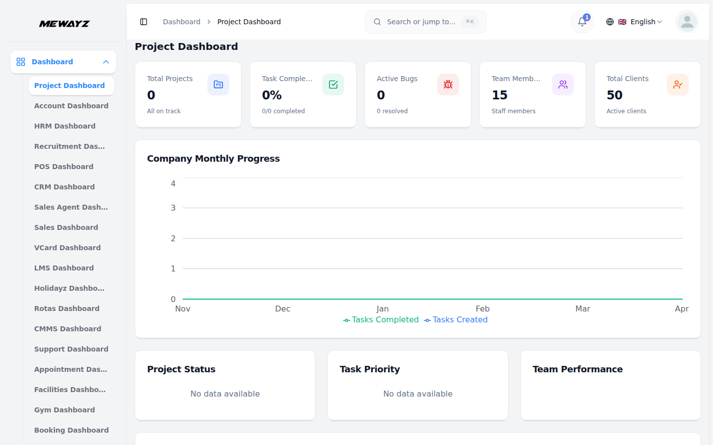 Mewayz project management dashboard — tasks, milestones, and 148+ business modules